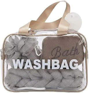 4 Parça Şeffaf Banyo Makyaj Çantası Seti - Antrasit Gri Banyo Lifi, Örgülü Sırt Kesesi El Havlusu - Su Geçirmez Unisex Seyahat Organizeri (Washbag) ürün görseli 1
