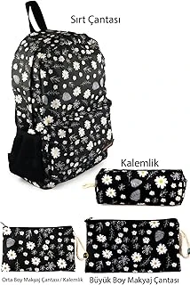 4'Lü Set Çiçek Papatya Desenli Sırt Çantası Kalemlik Makyaj Çantası Büyük Boy Makyaj Çantası ürün görseli 1
