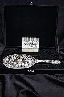 Turan Design.925 Ayar Gümüş Ayna Tarak Seti, Hediyelik El Yapımı Siyah Doğal Taşlı Çiçek Desenli Gümüş El Aynası Gümüş Kemik Tarak Seti ürün görseli 1