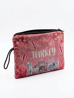 Turkey Yazılı Balon Cami Desenli Kadife El Çantası - Fermuarlı Pembe Çingene Kadife Makyaj Çantası, Seyahat Organizeri Pouch Hediyelik Cüzdan ürün görseli 1