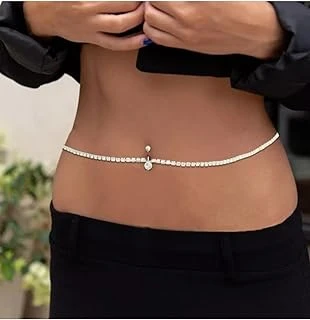 Taşlı Bel Zincirli Çelik Göbek Piercing, Gümüş ürün görseli 1