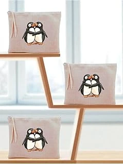 Sarılan Penguenler Baskılı 3'Lü Makyaj Çantası 20X25 Cm Bej, Lh98023749235235234 ürün görseli 1