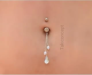 Kristal Damla Sallantılı Taşlı Göbek Piercing Çelik Göbek Piercing, Gümüş ürün görseli 1