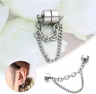 Çift Zincirli Mıknatıslı Piercing Deliksiz Kıkırdak Küpe, Gümüş, Unisex ürün görseli 1