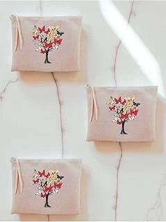 Kelebekli Ağaç Baskılı 3'Lü Makyaj Çantası 20X25 Cm Bej, Lh89032749235235234 ürün görseli 1