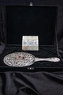 Turan Design.925 Ayar Gümüş Ayna Tarak Seti, Hediyelik El Yapımı Kırmızı Doğal Taşlı Çiçek Desenli Gümüş El Aynası Gümüş Kemik Tarak Seti ürün görseli 1