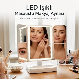 Led Işıklı Makyaj Aynası – Ayarlanabilir Açılı Standlı, Çıkarılabilir Masaüstü Kozmetik Ayna, Dokunmatik Kontrol, 2X 3X Büyütmeli, Usb Şarjlı, Katlanabilir – Beyaz ürün görseli 1