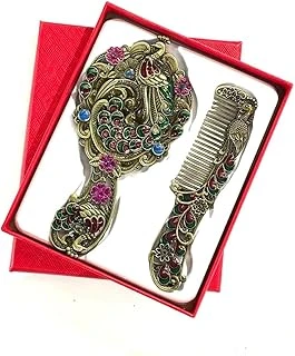 Metal Ayna Tarak Seti, Antik Bronz, Çiçek Desenli, Renkli Taşlı, El Aynası Saç Tarağı, 13 Cm ürün görseli 1