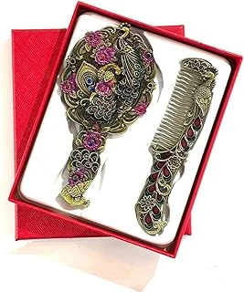 Metal Ayna Tarak Seti, Antik Bronz, Tavus Kuşu Desenli, El Aynası Saç Tarağı, 2 Parça, 154G ürün görseli 1