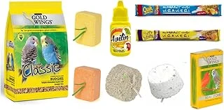 Gold Wings Kuş İhtiyaç Seti (Muhabbet Yemi, Ballı Meyveli Kraker,Gaga Taşı,Portakallı Muzlu Blok,Mineral Blok,Kalsiyum Blok,Vitamin ürün görseli 1