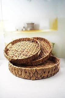 Deconox 3'Lü Rustik El Yapımı Doğal Yuvarlak Hasır Tepsi Seti, 3'Lü Hasır Yuvarlak Tepsi Seti, Rattan 3 Boy Hasır Tepsi (38 * 6Cm-34 * 5Cm-30 * 24 * 4,5Cm) ürün görseli 1