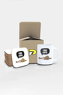 Postermanya Tembel Hayvan I Need Coffee Tasarımlı Baskılı Kupa Bardak Seti, Eğlenceli Özel Hediye Mug ürün görseli 1