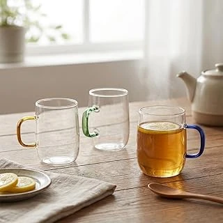 Deconox 1 Adet Borosilikat Cam Kupa (380 Ml) - 3 Farklı Renkli Isıya Dayanıklı Şeffaf Çay Kahve Fincanı Şık Kulplu Minimalist Kupa Bardak (Asorti) ürün görseli 1