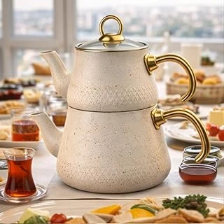 Beyaz Emaye Çaydanlık Seti, Granit Görünümlü Altın Detaylı Çaydanlık, Isıya Dayanıklı Demlik Takımı, Şık Çaydanlık Seti ürün görseli 1