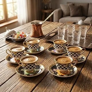 Deconox 6 Kişilik Porselen Türk Kahvesi Fincan Takımı - Siyah Beyaz Damalı, Gold Yaldızlı Renkli Çiçek Desenli Tabaklı 12 Parça Lüks Sunum Seti ürün görseli 1