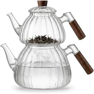 Deconox Akasya Cam Çaydanlık Takımı 1500 Ml + 600 Ml - Ahşap Kulplu, Çizgili Tasarım Isıya Dayanıklı Borosilikat Şeffaf Çaydanlık ürün görseli 1