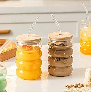 2 Adet Şeffaf Cam Pipetli Ahşap Kapaklı Isıya Dayanıklı Şeritli Boğumlu Bardak – Kahve Meyve Suyu İçin ürün görseli 1