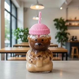 Deconox Sevimli Ayıcık Figürlü Borosilikat Cam Bardak 580 Ml - Silikon Kapaklı Pipetli Lüx Barista Soğuk İçecek Bardağı (Pembe) ürün görseli 1