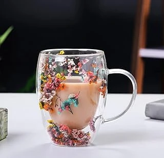 Çift Cidarlı Borosilikat Cam, Renkli Kuru Çiçek Tasarımlı, 350 Ml Kapasiteli, Kulplu, Şeffaf Kahve Kupası ürün görseli 1