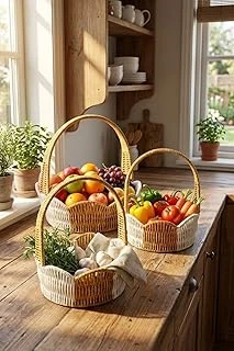 İç İçe Geçebilen 3'Lü Çift Renkli Yuvarlak Dalgalı Formlu Saplı Plastik Rattan Sepet Seti, Hasır Görünümlü Çok Amaçlı Organizerler, 18X7Cm, 21X8Cm, 24X9Cm ürün görseli 1