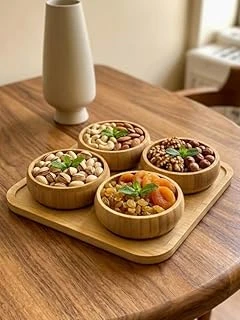 4'Lü Doğal Bambu 4'Lü Yuvarlak Bölmeli Çerezlik Seti Sunumluk Servis Tabağı Atıştırmalık Kase ürün görseli 1