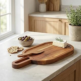 Deconox Doğal Akasya Ahşap Oval Peynir Sunum Tahtası – 30X14 Cm Saplı Servis Tepsisi, Yanında Özel Ahşap Peynir Bıçağı İle (2 Parça Set) ürün görseli 1