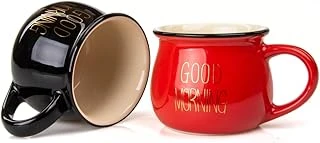 Mukko 2'Li Emaye Görünümlü Renkli Porselen Kupa Seti Good Morning Gold Yazılı 250 Ml,Siyah & Kırmızı ürün görseli 1