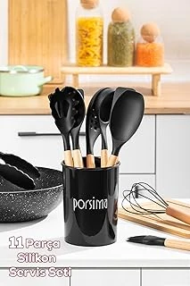 Porsima 3165 Bambu Ahşap Saplı Silikon 11 Parça Servis Takımı Seti Siyah ürün görseli 1
