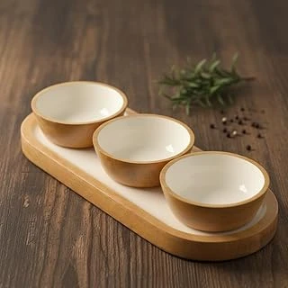 Deconox Ağacı Standlı 3'Lü Kase Seti - İçi Emaye Kaplama Doğal Ahşap Çerezlik Sosluk - 30 Cm Sunum Tepsili Dekoratif Set (Düz Desen) ürün görseli 1