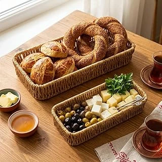 Hasır Örgü Dikdörtgen Sepet Tepsisi, 2'Li Set, Doğal Renk, Ekmek Organizer Kullanımı, 28X10 Cm 24X9 Cm ürün görseli 1