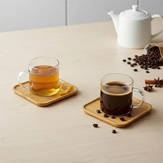 Deconox Bambu Tabaklı 2'Li Cam Fincan Seti 150 Ml - Yuvarlak/Kare Seçenekli Borosilikat Bitki Çayı Double Kahve Fincanı (Kare Tabakli) ürün görseli 1