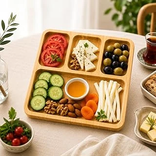 Bambu Kahvaltılık Sunum Tepsisi, Bölmeli Ahşap Servis Tabağı Doğal Bambu Kahvaltı Çerez Sunumluk (Kare) ürün görseli 1