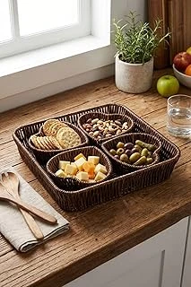 5 Parça Plastik Rattan Sunum Seti, 4 Formlu Bölmeli Çerezlik Meyvelik, Doğal Hasır Görünümlü Tepsi, 26X26 Cm ürün görseli 1