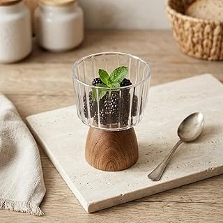 Deconox Doğal Akasya Ahşap Ayaklı Borosilikat Cam Sunumluk - Çerezlik, Dondurmalık Tatlı Kasesi (10X9X6 Cm, 1 Adet, Küçük) ürün görseli 1