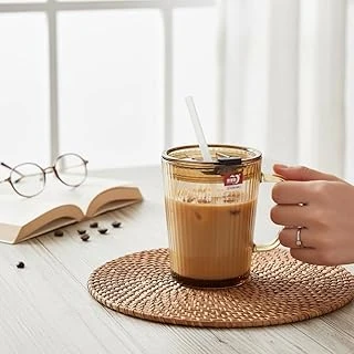 2 Adet Kapaklı Pipetli Cam Kupa Bardak Çay Kahve Meşrubat Tatlı Bardağı Kahverengi 370 Ml ürün görseli 1