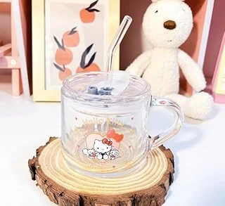 Kawaii Hello Kitty Pipetli Kulplu Cam Bardak ürün görseli 1