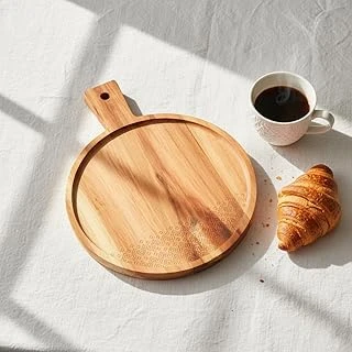 Deconox Doğal Akasya Ahşap Yuvarlak Sunum Tahtası Servis Tepsisi – 28.5 Cm Özel Motif Desenli Kulplu Pizza, Peynir Pasta Tabağı ürün görseli 1