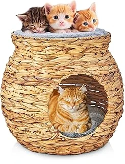 Deconox El Yapımı Hasır Örgü Yuvası, 2 Katlı, Yumuşak Minderli, Deconox El Yapımı Dekoratif 2 Katlı Hasır Yumuşak Minderli Yatagı, Tamamen Doğal Evi (48Cm*48Cm*45Cm) ürün görseli 1