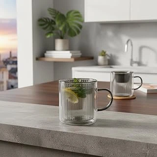Deconox 250 Ml Çift Cidarlı Borosilikat Cam Kupa - Antrasit Detaylı, Dikey Çizgili Isıya Dayanıklı Kahve Çay Bardağı ürün görseli 1