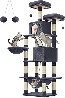 Feandrea Ağacı, Büyük Oyun Kulesi, Yükseklik 206 Cm, 13 Çizik Tahtası, 1 Çizik Tahtası, 2 Platform, 2 Niş, Sepet, Hamak, Pompon, Peluş Kumaş, Çok Seviyeli Koyu Gri ürün görseli 1