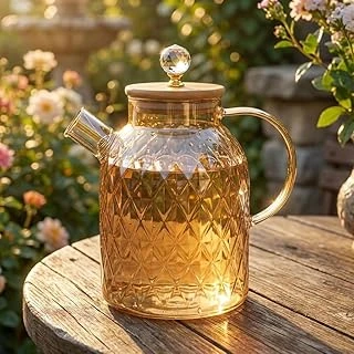 Deconox Lusterli Borosilikat Cam Sürahi - Isıya Ateşe Dayanıklı, Bambu Kapaklı Kristal Kulplu Şık Sürahi (1.6 Litre) ürün görseli 1