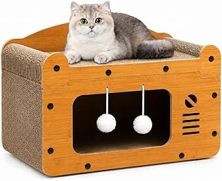 Sogud Tırmalama Evi - Ahşap Oyun Evi 56X27X30 Cm - Karton Tırmalama Tahtalı Uyku Yuvası - Sallanan Top Oyuncaklı Tek Katlı Evcil Hayvan Mobilyası - Doğal Ahşap Tasarım ürün görseli 1