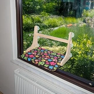 Gobypet Güçlü Vantuzlu Cam Yatağı, Cama Asılan Ahşap Yatağı, Pencere Önü Dinlenme Alanı, Çıkarılabilir Minderli, Standart (Patili Desen) ürün görseli 1