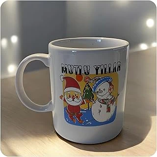 Mutlu Yıllar Noel Baba Temalı Porselen Kupa, Beyaz, Yeni Yıl Dekorlu, Kahve Çay Bardağı (Mutlu Yıllar Noel Kardan Adam) ürün görseli 1