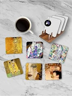 Postermanya (Pster21248) Gustav Klimt Temalı Standlı Ahşap Bardak Altlığı Seti, 6 Adet Baskılı Bardak Fincan Kahve Altlığı ürün görseli 1