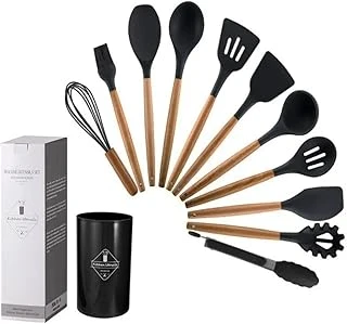 Silikon Spatula Mutfak Gereçleri Seti, 12 Parça, Ahşap Saplı, Siyah Kaşıklık Hediyeli ürün görseli 1