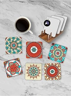 Postermanya (Pster21257) Etnik Mandala Desenli Standlı Ahşap Bardak Altlığı Seti, 6 Adet Baskılı Bardak Fincan Kahve Altlığı ürün görseli 1