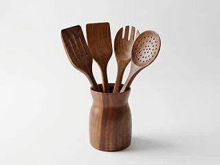 Akasya Ağacı Mutfak Gereçleri Seti - 4 Parça Kaşık/Spatula Seti Şık Ahşap Tutucu - Gıdayla Temasa Uygun, Doğal Antibakteriyel - Mutfak İçin Ergonomik Tasarım ürün görseli 1