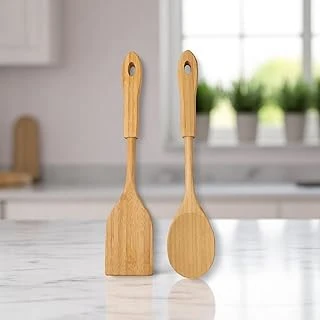 Deconox Bambu 2'Li Servis Seti, Tavalarınız Kızarmanız İçin Spatula, Servisleriniz İçin Büyük Kaşık | 2 Adet Lüks Bambu Set ürün görseli 1