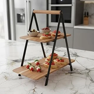 Deconox 2 Katlı Akasya Ahşap Sunum Standı - Silikon Kaplamalı Siyah Metal Gövdeli Meyvelik Kurabiyelik Kahve Köşesi Mutfak Banyo Düzenleyici Organizer (16 X 26.5 X 34 Cm) ürün görseli 1